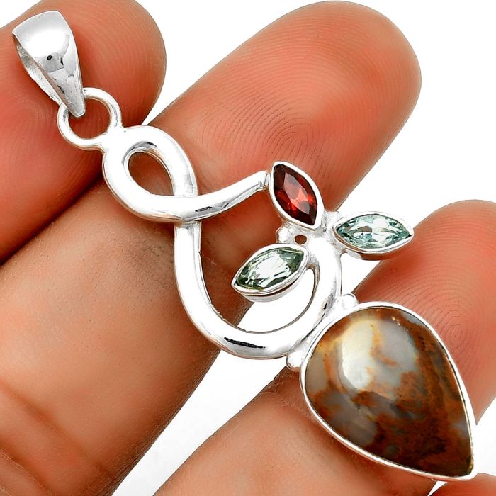 Red Moss Agate, Sky Blue Topaz & Garnet Pendant SDP131860 P-1118, 12x17 mm