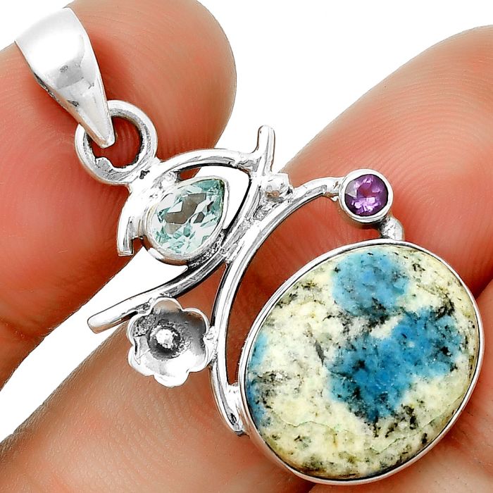 K2 Blue - Azurite In Quartz, Sky Blue Topaz & Amethyst Pendant SDP132159 P-1704, 14x17 mm