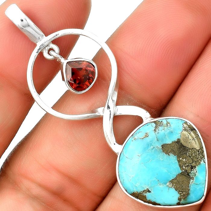 Kingman Turquoise With Pyrite & Garnet Pendant SDP133968 P-1048, 17x17 mm