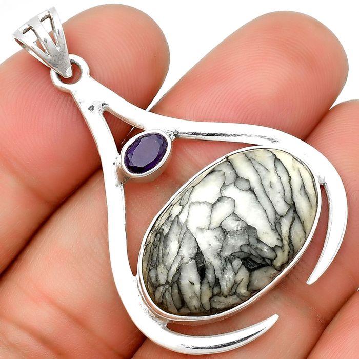 Natural Pinolith Stone & Amethyst Pendant SDP134002 P-1057, 15x23 mm