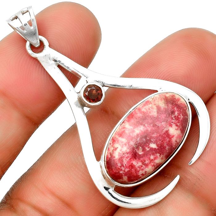 Natural Pink Thulite - Norway & Garnet Pendant SDP134024 P-1057, 11x21 mm