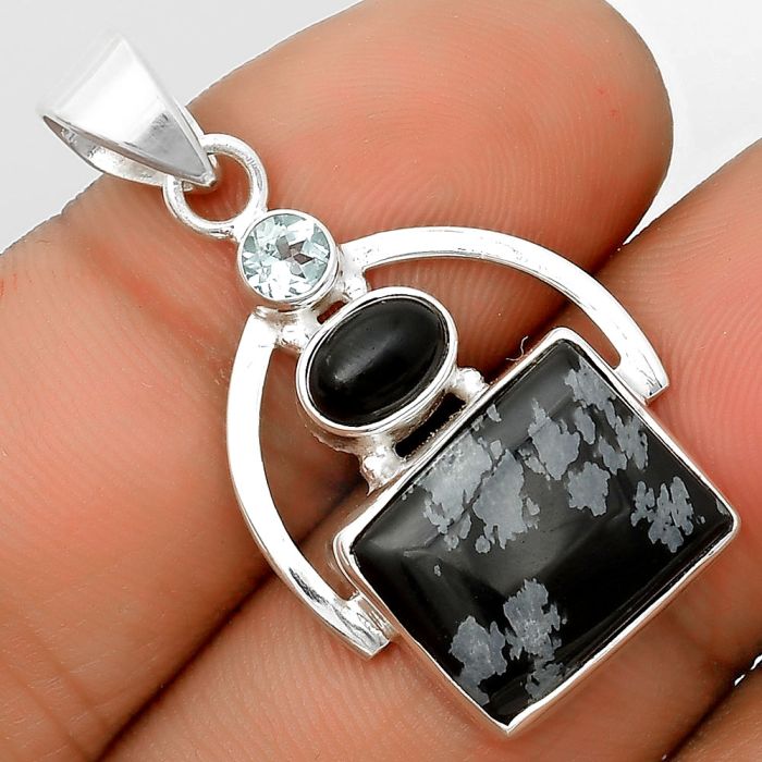 Snow Flake Obsidian, Black Onyx & Sky Blue Topaz Pendant SDP135322 P-1129, 12x14 mm