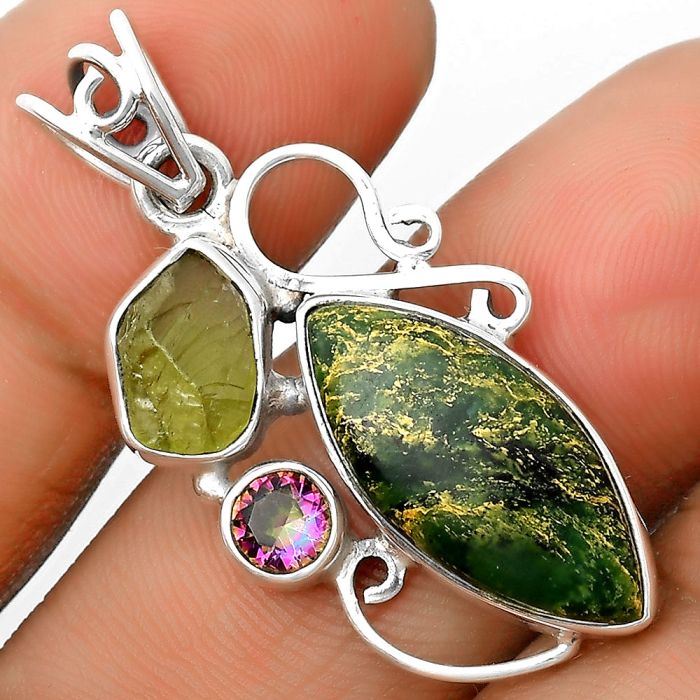 Green Fuchsite, Peridot Rough & Mystic Topaz Pendant SDP135351 P-1557, 10x21 mm