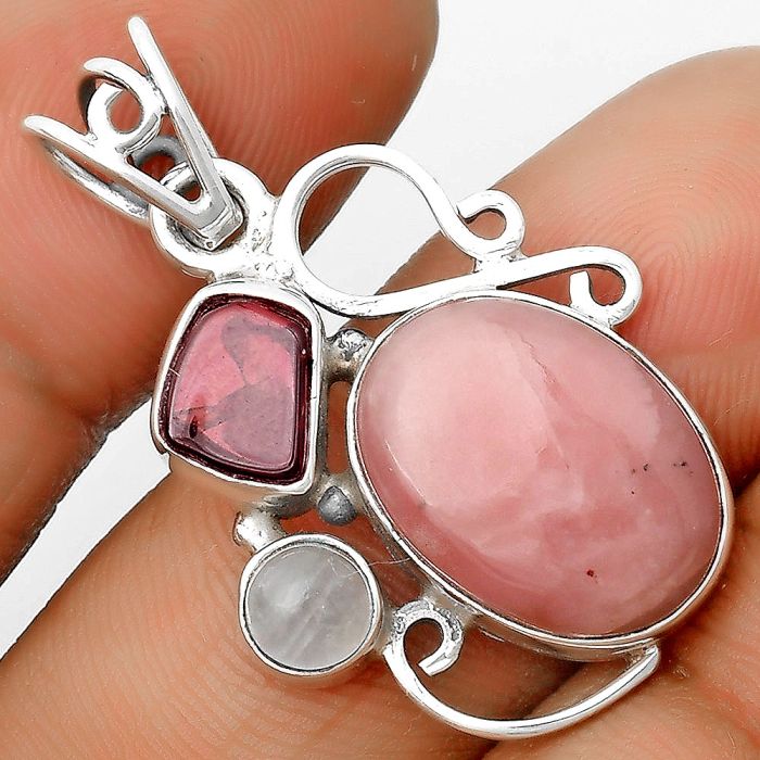 Natural Pink Opal, Garnet & Rose Quartz Pendant SDP135362 P-1557, 12x16 mm