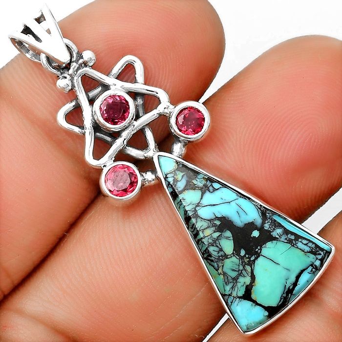 Lucky Charm Tibetan Turquoise & Garnet Pendant SDP135647 P-1095, 14x23 mm