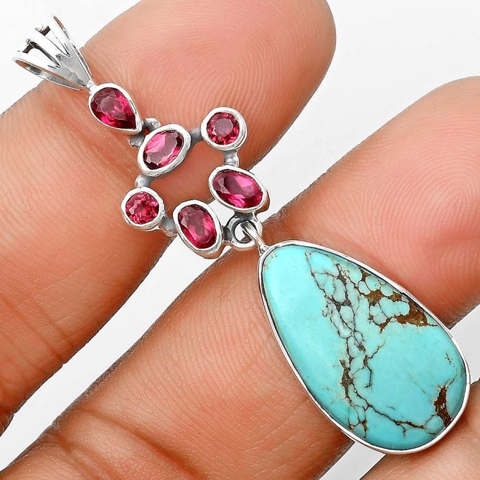 Lucky Charm Tibetan Turquoise & Garnet Pendant SDP135794 P-1101, 13x22 mm