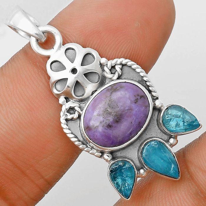 Lavender Jade & Neon Blue Apatite Rough Pendant SDP135920 P-1570, 9x12 mm