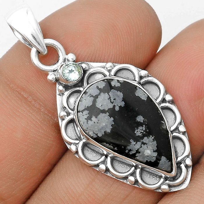 Snow Flake Obsidian & Sky Blue Topaz Pendant SDP136255 P-1080, 11x18 mm