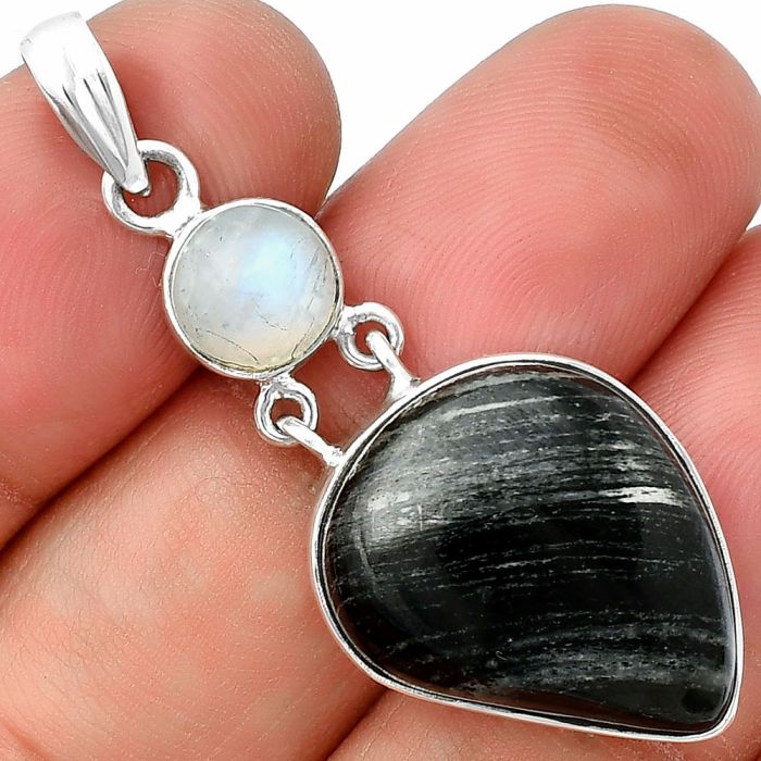 Silver Leaf Obsidian and Rainbow Moonstone Pendant SDP136659 P-1109, 16x21 mm