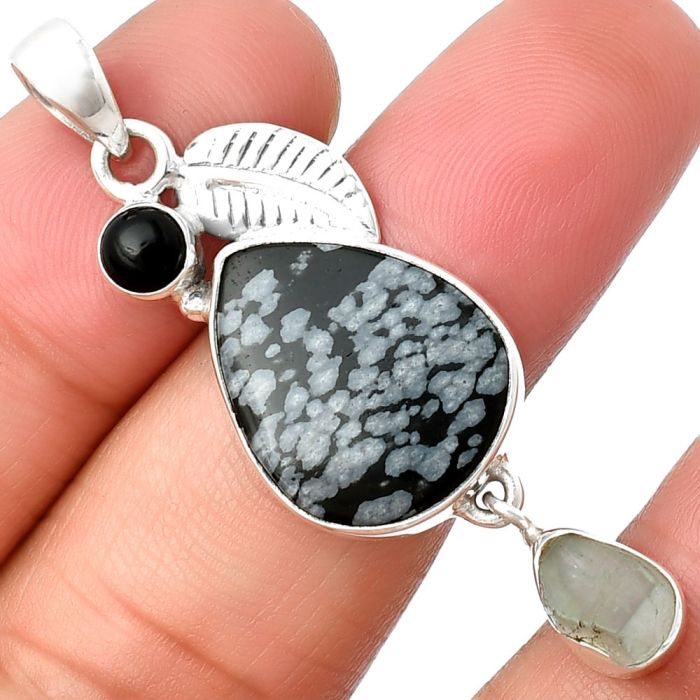 Snow Flake Obsidian, Aquamarine Rough & Black Onyx Pendant SDP137717 P-1414, 15x18 mm