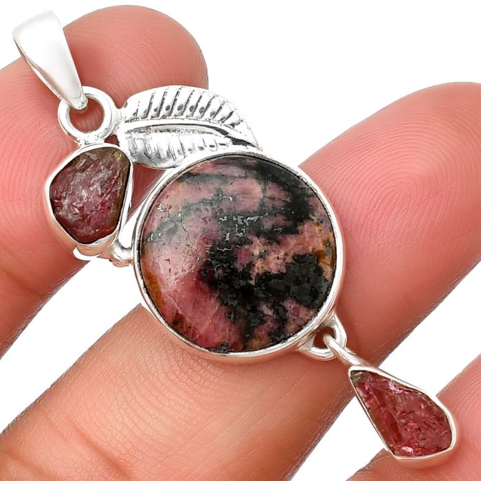 Rhodonite and Pink Tourmaline Rough Pendant SDP137731 P-1414, 16x16 mm