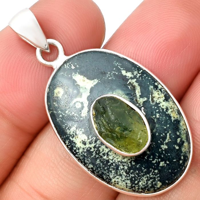 Star Galaxy Jasper and Peridot Rough Pendant SDP137795 P-1323, 19x27 mm