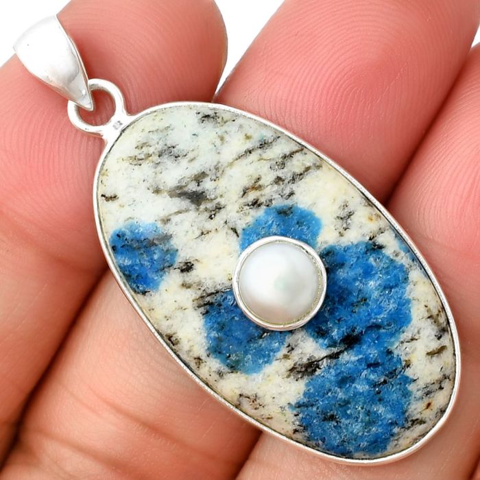 K2 Blue - Azurite In Quartz and Pearl Pendant SDP137808 P-1323, 19x34 mm