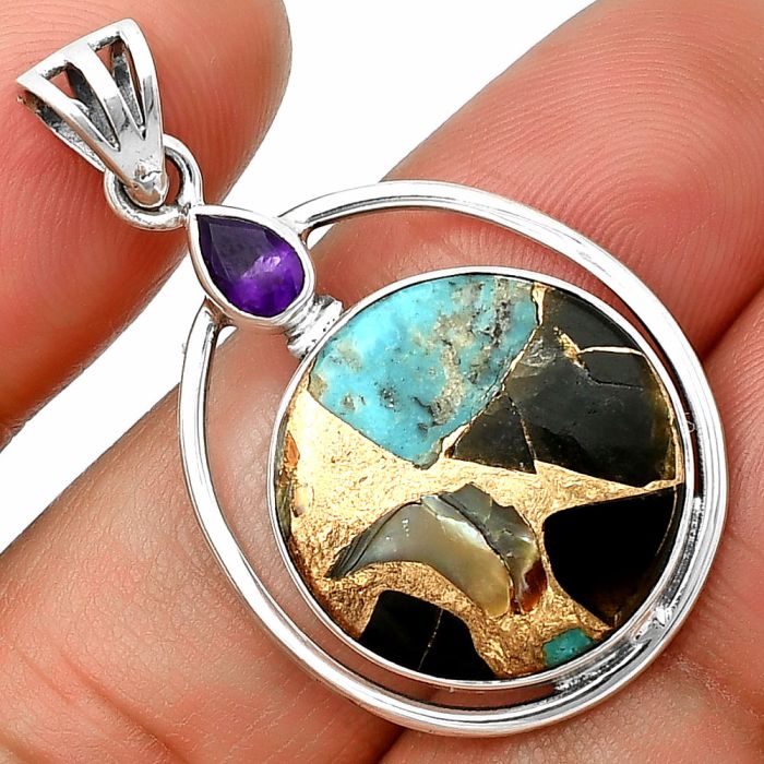 Shell In Black Blue Turquoise and Amethyst Pendant SDP139267 P-1005, 18x18 mm