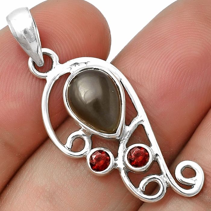 Gray Moonstone and Garnet Pendant SDP139306 P-1039, 8x10 mm