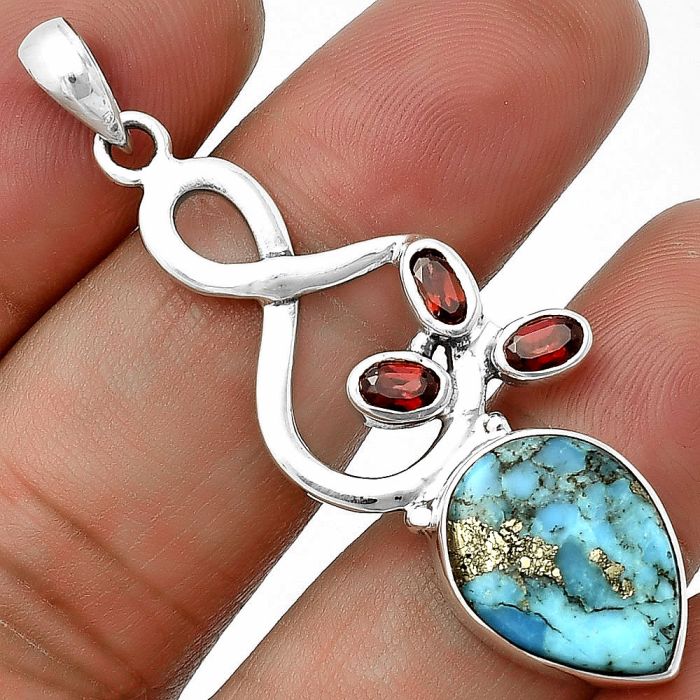 Kingman Turquoise With Pyrite and Garnet Pendant SDP139385 P-1118, 12x16 mm