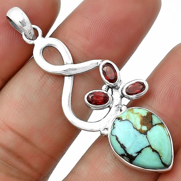 Lucky Charm Tibetan Turquoise and Garnet Pendant SDP139386 P-1118, 12x16 mm