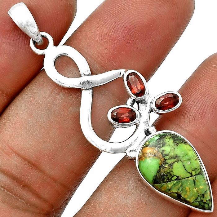 Green Matrix Turquoise and Garnet Pendant SDP139392 P-1118, 11x17 mm