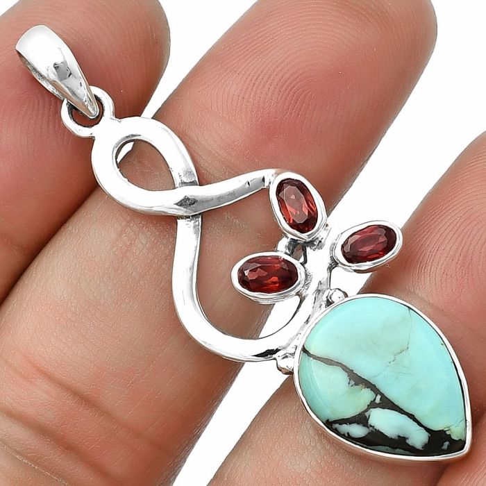 Lucky Charm Tibetan Turquoise and Garnet Pendant SDP139398 P-1118, 12x16 mm