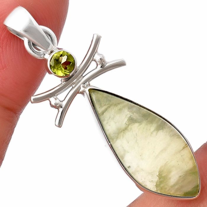 Cloudy Prehnite and Peridot Pendant SDP140759 P-1243, 10x24 mm