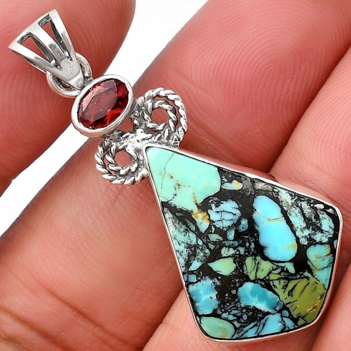 Lucky Charm Tibetan Turquoise and Garnet Pendant SDP140803 P-1093, 17x23 mm