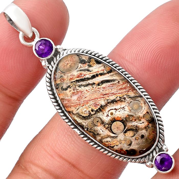 Leopard Skin Jasper and Amethyst Pendant SDP140874 P-1023, 14x27 mm