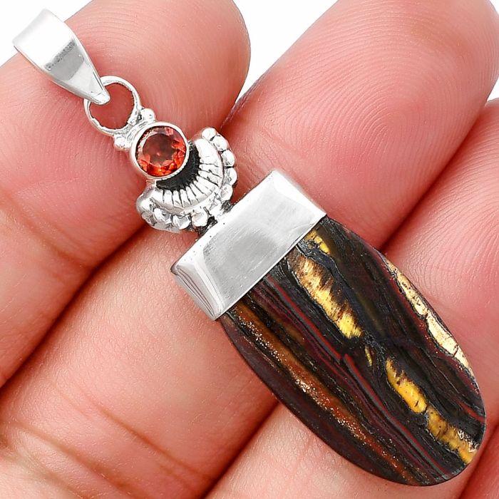 Crescent Moon - Iron Tiger Eye and Garnet Pendant SDP141031 P-1453, 14x25 mm