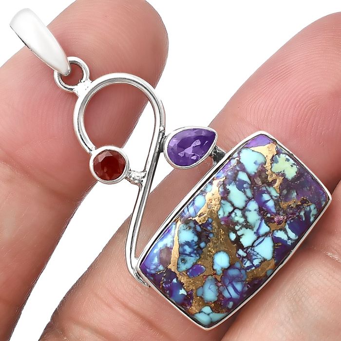 Kingman Purple Dahlia Turquoise, Amethyst & Garnet Pendant SDP141140 P-1027, 13x21 mm