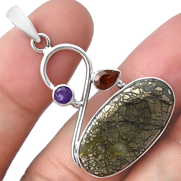 Nipomo Marcasite Agate, Garnet & Amethyst Pendant SDP141142 P-1027, 13x24 mm