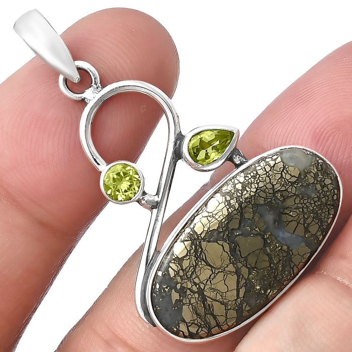 Nipomo Marcasite Agate and Peridot Pendant SDP141145 P-1027, 12x24 mm