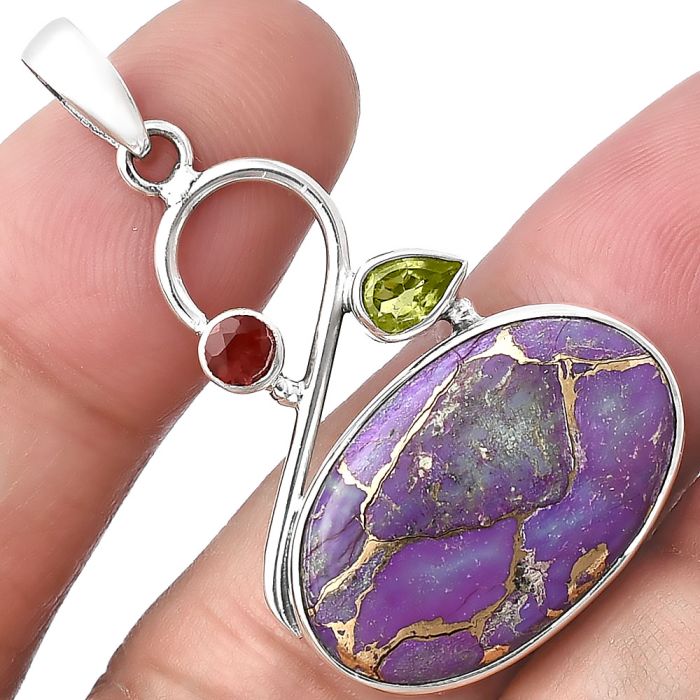 Copper Purple Turquoise, Peridot & Garnet Pendant SDP141146 P-1027, 15x23 mm