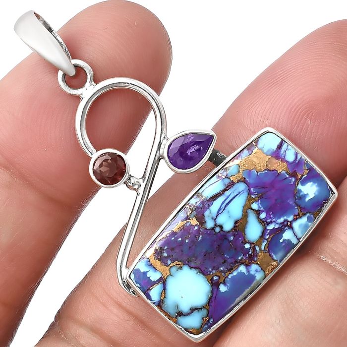 Kingman Purple Dahlia Turquoise, Amethyst & Garnet Pendant SDP141148 P-1027, 12x24 mm