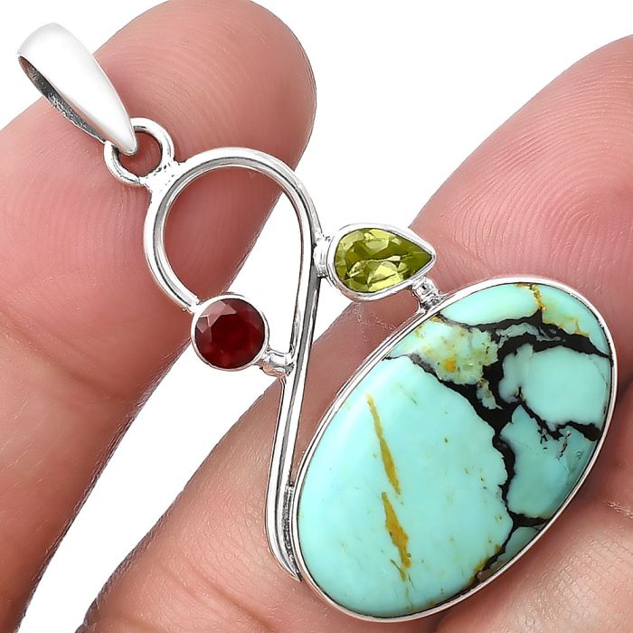 Lucky Charm Tibetan Turquoise, Peridot & Garnet Pendant SDP141151 P-1027, 14x23 mm