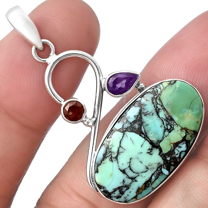 Lucky Charm Tibetan Turquoise, Amethyst & Garnet Pendant SDP141153 P-1027, 14x25 mm