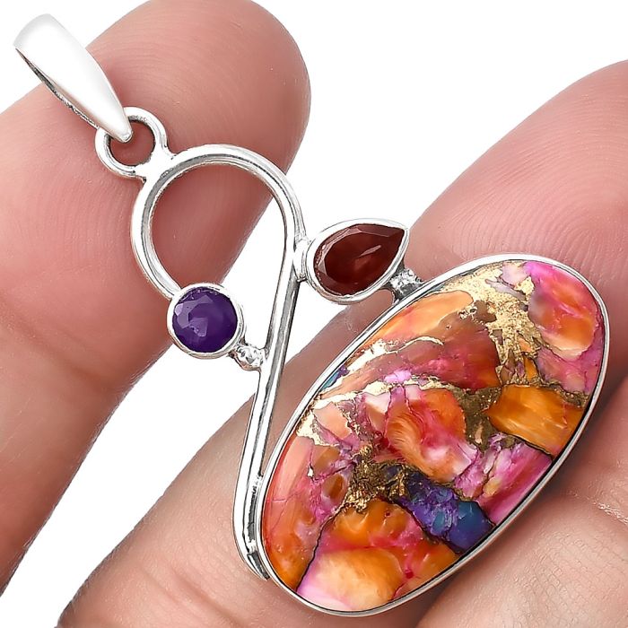 Kingman Orange Dahlia Turquoise, Garnet & Amethyst Pendant SDP141163 P-1027, 13x25 mm