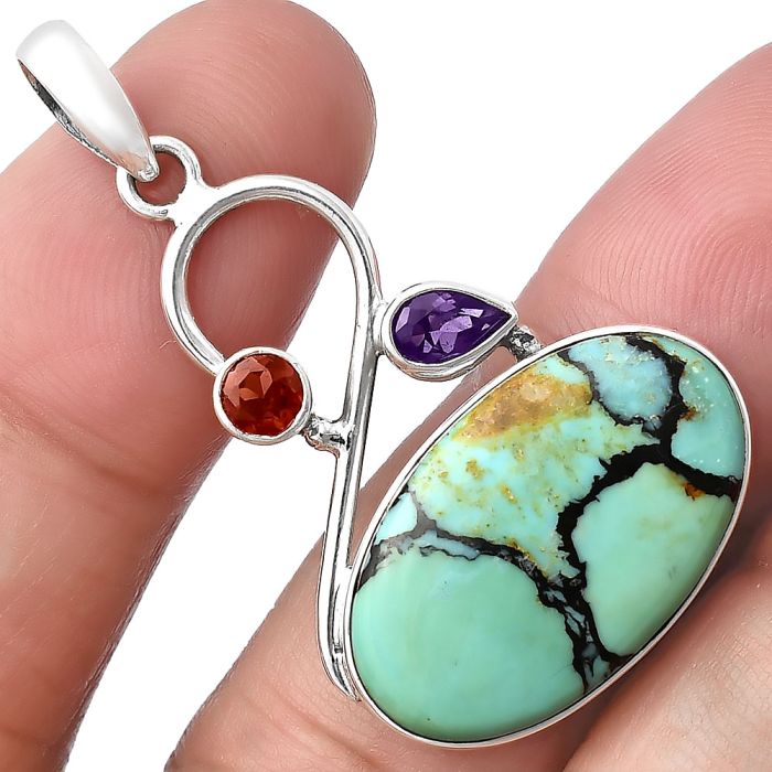 Lucky Charm Tibetan Turquoise, Amethyst & Garnet Pendant SDP141164 P-1027, 14x23 mm