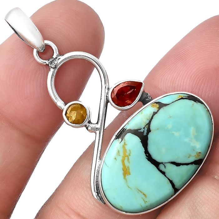 Lucky Charm Tibetan Turquoise, Garnet & Citrine Pendant SDP141165 P-1027, 14x23 mm