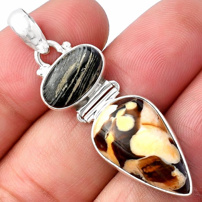 Peanut Wood and Silver Leaf Obsidian Pendant SDP142259 P-1108, 12x21 mm