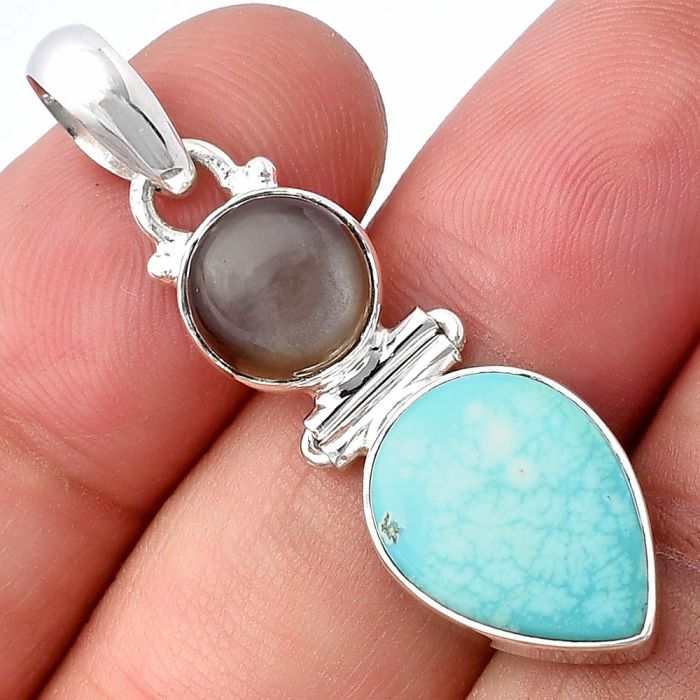 Natural Rare Turquoise Nevada Aztec Mt and Gray Moonstone Pendant SDP142274 P-1108, 11x15 mm