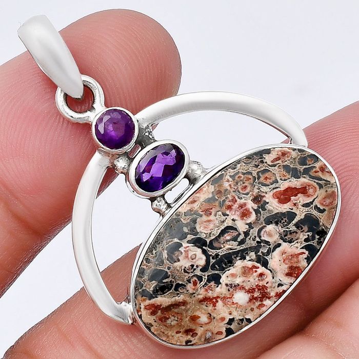 Leopard Skin Jasper and Amethyst Pendant SDP143063 P-1129, 14x24 mm