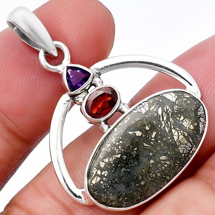 Nipomo Marcasite Agate and Garnet & Amethyst Pendant SDP143072 P-1129, 12x22 mm