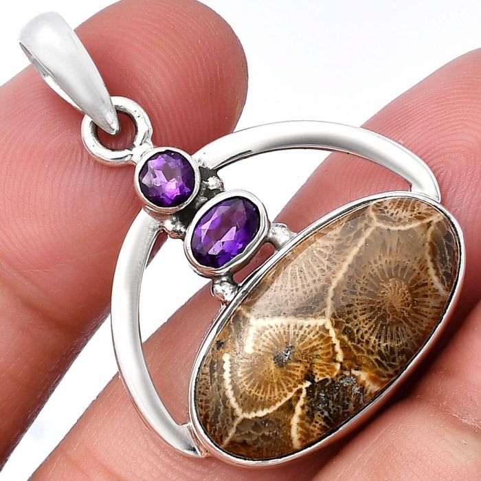 Flower Fossil Coral and Amethyst Pendant SDP143073 P-1129, 12x23 mm