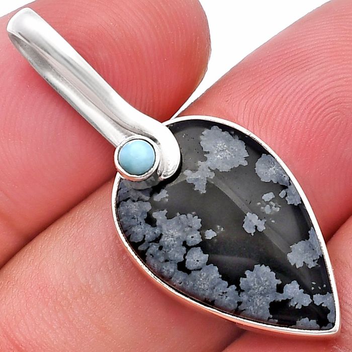 Snow Flake Obsidian and Larimar Pendant SDP144139 P-1251, 14x22 mm