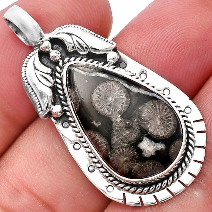 Black Flower Fossil Coral Pendant SDP144228 P-1568, 13x21 mm