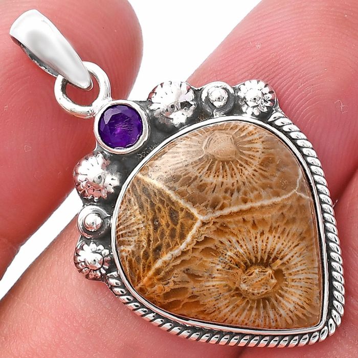 Flower Fossil Coral and Amethyst Pendant SDP144368 P-1482, 18x20 mm