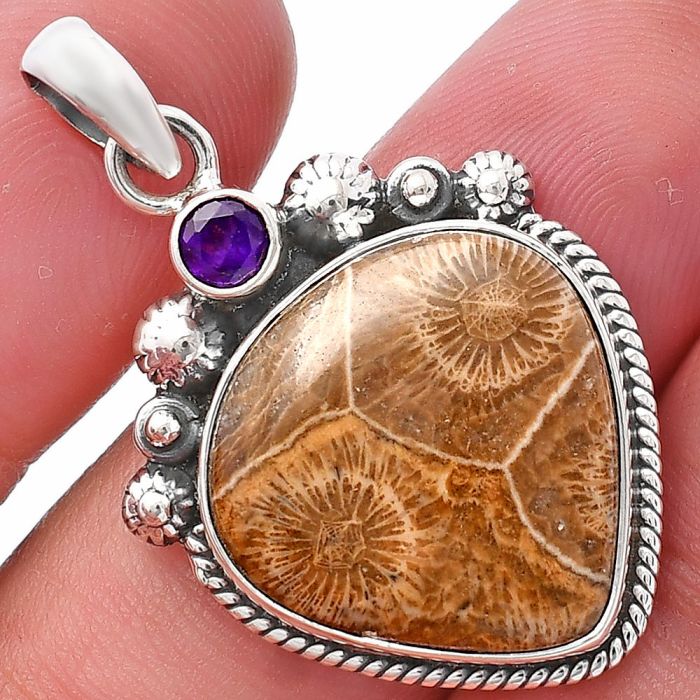 Flower Fossil Coral and Amethyst Pendant SDP144385 P-1482, 19x19 mm