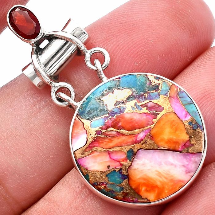 Kingman Orange Dahlia Turquoise and Garnet Pendant SDP144415 P-1276, 20x20 mm