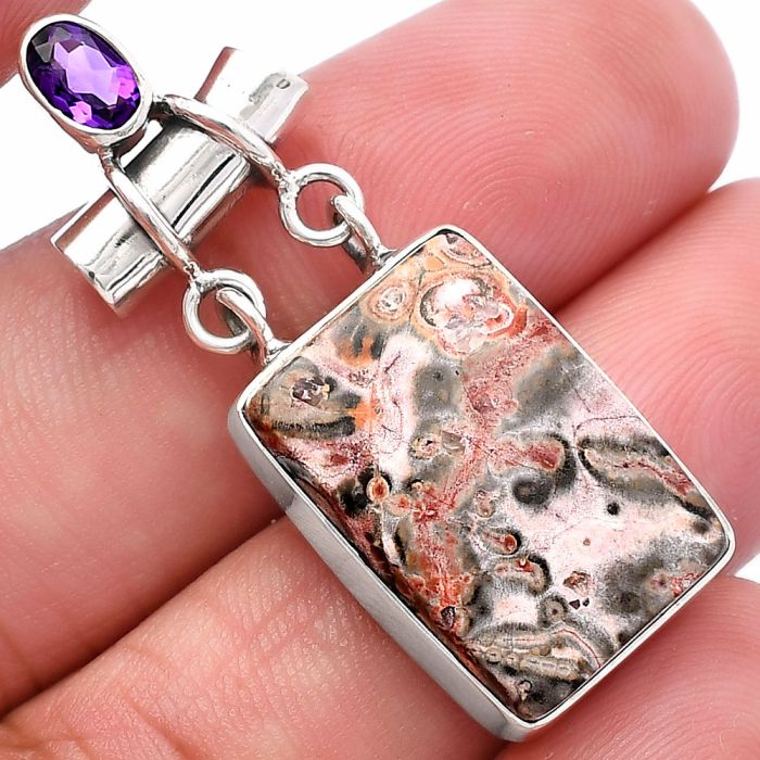 Leopard Skin Jasper and Amethyst Pendant SDP144455 P-1276, 14x20 mm