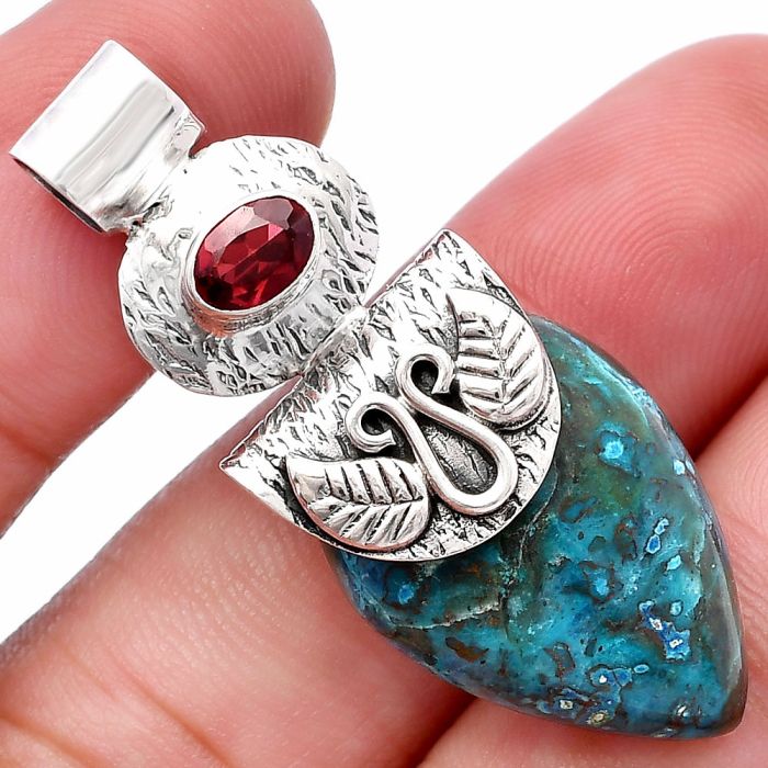 Azurite Chrysocolla and Garnet Pendant SDP144535 P-1545, 17x23 mm