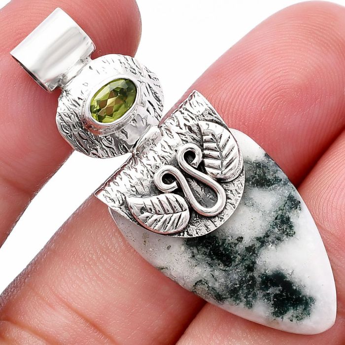 Tree Weed Moss Agate and Peridot Pendant SDP144547 P-1545, 17x27 mm